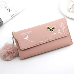 New Women Long Butterfly Wallets Pure Colour Wool Ball Fashion Clutch Bag Female Three Fold Card Holder Coin Purse