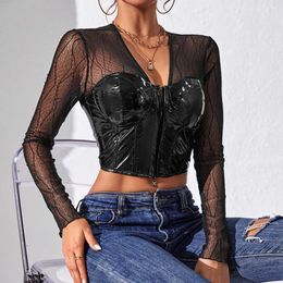 Hot selling sexy low cut mesh stitching bright leather style long sleeved T-shirt top for women cotton blouse woman clothes Plus size