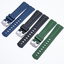 Curved End 20mm Watch Strap Bands Man Blue Black Waterproof Silicone fluororubber Bracelet Clasp Buckle For Omega Sea Master 300m with Tools