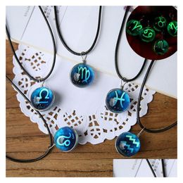 Pendant Necklaces 12 Zodiac Signs Luminous Necklace Women Glow In The Dark Constellation Glass Gemstone Black Leather Wax Rope Chain Dh42M