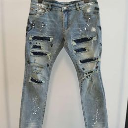Men jeans luxury design pants Long Skinny blue Artificial diamond Destroy the quilt Ripped hole designer jean Mens Designers Cloth2668