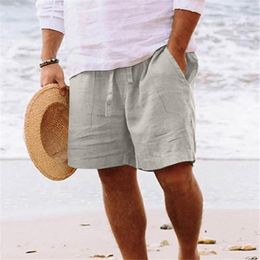 Men's Shorts Line Cotton Knee-Length Loose Wide Leg Five-Point Pants Drawstring Streetwear Hawaii Beach Solid Sweat Short