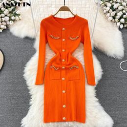 Casual Dresses Autumn And Winter ANSZKTN Women's Skirt Round Neck Elastic Tight Thin Long Sleeve Knitted Bottomed Buttock Wrap Dress