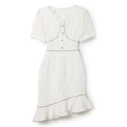 2023 Summer White Solid Colour Panelled Dress Short Sleeve V-Neck Knee-Length Casual Dresses W3L041902