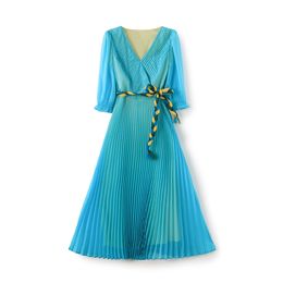2023 Summer BlueSolid Colour Waist Belted Dress 3/4 Sleeve V-Neck Midi Casual Dresses W3L043103