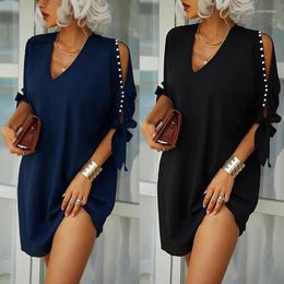 Casual Dresses Women Elegant V Neck Party Dress Summer Sexy Hollow Out Sleeved Loose Solid Office Ladies Mini Size S-Xxl