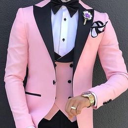 Suits Pink Mens Suits 3 Pieces Slim Fit Casual Business Groomsmen Green Champagne Lapel Tuxedos for Formal Wedding (blazer+pants+vest)