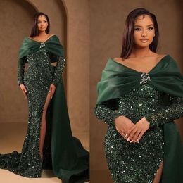 Luxury Hunter Green Party Dresses Celebrity Side High Split Evening Dresses Sexy Sequined Prom Gown Dubai Arabic Robe De Soiree