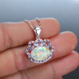 Pendant Necklaces Charm Silver Colour Oval Wedding Necklace Dainty Female White Opal Purple Stone Hollow Chain For Women