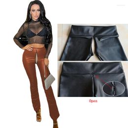 Women's Leggings INS Leather Pants Invisible Open Crotch Outdoor Sex Club PU Women High Waist Trousers Female Sexy Sale