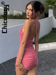 Basic Casual Dresses Chicology Women Backless Halter Bandage Ruched Bodycon Sexy Mini Dress Party Festival Summer Clothes For Business Wholesale 230707