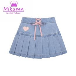 Pants Haruku Denim Mini Skirt Women High Waist Bow Laceup Pleated Skirt Preppy Style Japanese Girl Kawaii Short Skirts Saia Female