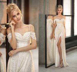 Luxury Glitter Sequins Beading Wedding Dresses A Line With Straps Off Shoulder Ivory Modern Bridal Gowns Sexy Thigh Side Split Reception Party Dress For Bride CL2545