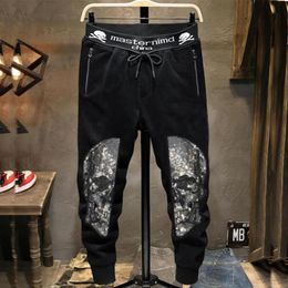 Skull Print Spot Pants Men's Casual Medium Waist Designer Rhinestone Micro Elastic Black Youth Street Style Male Elastic Belt320L