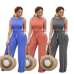 Women's Two Piece Pants O Neck Summer Striped Print Pant Set Sleeveless 2 Pieces Outfits Female Matching Tracksuits