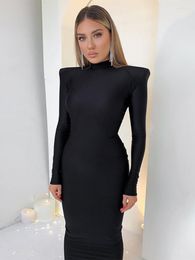 Casual Dresses Autumn Padded Shoulder Long Sleeve Robe Bodycon Sexy Party Club Maxi Dress Spring Business Women Fashion Office Elegant