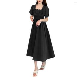 Casual Dresses Summer Dress Women 2023 Square Neck Bubble Sleeve Pleated Short Loose Hem Solid Color Vintage Mic-calf Length Midi