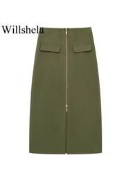 Skirts Willshela Women Fashion Cargo Midi Skirt With Zip Vintage High Elastic Waist Female Chic Lady Long 230707