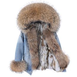 Parkas Maomaokong Denim Jacket Parka Winter Women Parkas Real Fur Collar Coat Natural Raccoon Fur Hood Real Rabbit Fur Liner