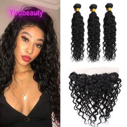 Peruvian Water Wave 100% Human Hair Wefts With 13X6 Lace Frontal Free Part 10-30inch Natural Color