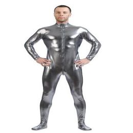 Metallic Silver Grey gold Men's Skin-Tight Dancewear Shiny Metallic Unitard Zentai Suit Front Zip unisex 277t