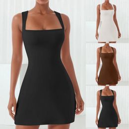 Casual Dresses Women's Square Neck Bodice Dress Sleeveless Tank Top Stretch Flare Mini Office Ladies Beach Sexy Slim