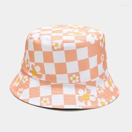 Berets LDSLYJR 2023 Cotton Plaid Flower Print Bucket Hat Fashion Joker Outdoor Travel Sun Cap For Men And Women 77
