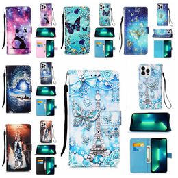 Print PU Leather Wallet Cases For Iphone 15 Pro Max 14 Plus 13 12 11 8 7 Samsung A34 5G Fashion Lace Flower Butterfly Panda Tiger Tower Animal Holder Flip Cover Pouch Strap