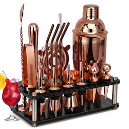 Wine Glasses 20PcsSet Rose Gold Bartender Kit Cocktail Shaker Set With Rotating Acrylic Stand For Mixed Drinks Martini Home Bar Kitchen Tool 230706