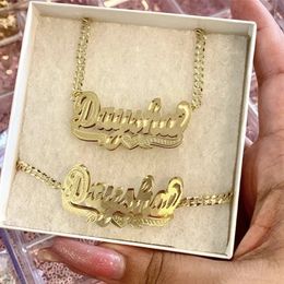 Pendant Necklaces 18K Gold Plated Nameplate Necklace Personalised Double Layer 3D With Heart Customised Name Stainless Steel Jewellery 230707