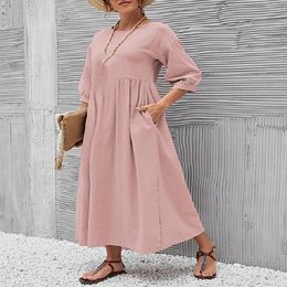 Casual Dresses Women Dress O-neck 3/4 Lantern Sleeve Slant Pockets Lady Retro Solid Colour Loose Midi Female Clothing