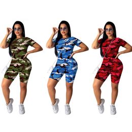 Women's Two Piece Pants Women Casual Two-Piece Clothes Set Camouflage Printed Pattern Short Sleeve Top Shorts Blue Army Green Red Lady Shorts Suit 230707