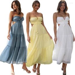 Casual Dresses 95AB Womens Ruffle Maxi Dress Square Neck Tie Back Sleeveless Smocked Tiered Flowy Long Sundress Gift