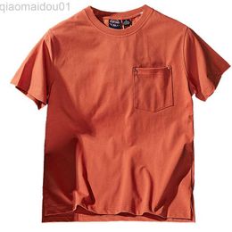 Men's T-Shirts Japanese heavy pocket t-shirt men's summer retro cotton short-sleeved base shirt round collar loose solid color half-sleeve L230707