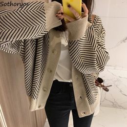 Women's Knits Striped Cardigans Women Vintage Temperament V-neck Loose Knitted Outerwear Lazy Korean All-match OL Sweaters Mori-girl Ulzzang