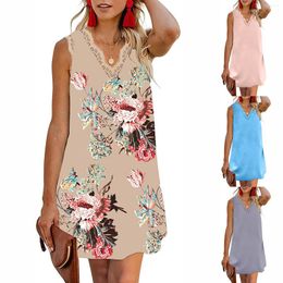 Casual Dresses Womens V Neck Lace Trim Floral Print Tank Dress Loose Women Below The Knee Petite Maxi For Short