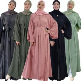 Ethnic Clothing Ramadan Women Muslim Abaya Long Sleeve Maxi Dress Crepe Turkish Dubai Islamic Arab Kaftan Robe Belted Eid Femme Jalabiya