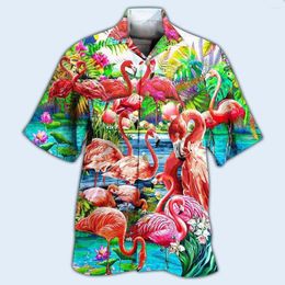 Men's Casual Shirts Men Funny Flamingo Printed Short Sleeve Clothes Fashion Streetwear Lapel Shirt Summer Male Clothing Blouse Tops