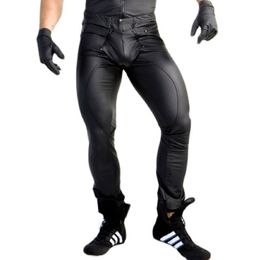 Suits New Sexy Men Pu Leather Zipper Open Crotch Erotic Latex Pants Pu Night Club Men Straps Trousers Gothic Punk Fetish Club Wear