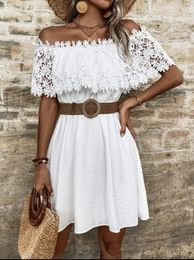Casual Dresses Sundress White Swing Dress Women Sleeveless Off Shoulder Lace Mini Hollow Out Floral Pleated Ruffle Loose Boho Vacation