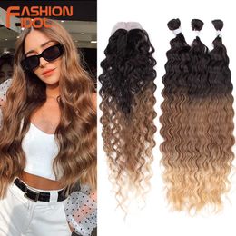 Synthetic Wigs Synthetic Hair Body Wave Bundles with Closure 26 Inch Ombre Blonde Weaving for Women 230227