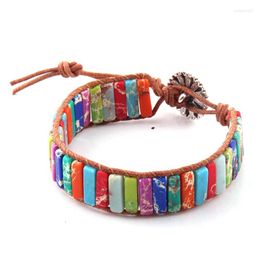 Charm Bracelets Fashion Multi Colour Energy Handmade Natural Stone Tube Beads Leather Wrap Bracelet & Bangles M