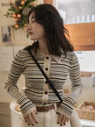 Women's Knits Cardigans Women Knitted Slim Office Ladies Trendy Simple Vintage Style Striped Elegant Classic All-match Basic Sweaters Female