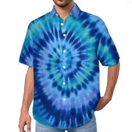 Men's Casual Shirts Blue Tie Dye Vacation Shirt Spiral Swirl Print Summer Male Novelty Blouses Short-Sleeved Design Clothing 3XL 4XL