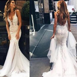 Amazing Detail Outdoor Mermaid Wedding Dresses Lace Sexy Deep V Neck vestidos de novia Backless Boho Country Beach Bridal Gowns848255E