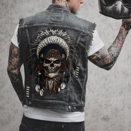 Men's Vests 2023 Denim Vest Print Tribal Style Top Tank Ropa Hombre Gym Clothing Men Motorcycle