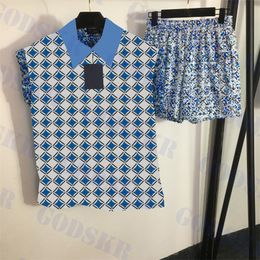 Womens Short Pant Set Blue Jacquard Shirts Sleeveless Lapel Tops Casual Shorts Woman Clothing Two Piece