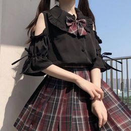 Suits Summer Jk Elegant Blouse Japanese Sweet Preppy Cold Shoulder Ruched Short Sleeve Peter Pan Collar Button Up Kawaii Shirts Women