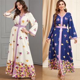 Ethnic Clothing 2023 Ramadan Eid Morocco Evening Dress Elegant Floral Print Women Muslim Abaya Dubai Abayas Belted Kaftan Party Dresses