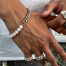 Strand 2023 Trendy Beads Chain Men Bracelet Imitation Pearl Bead Stainless Steel Cuban For Jewellery Gift